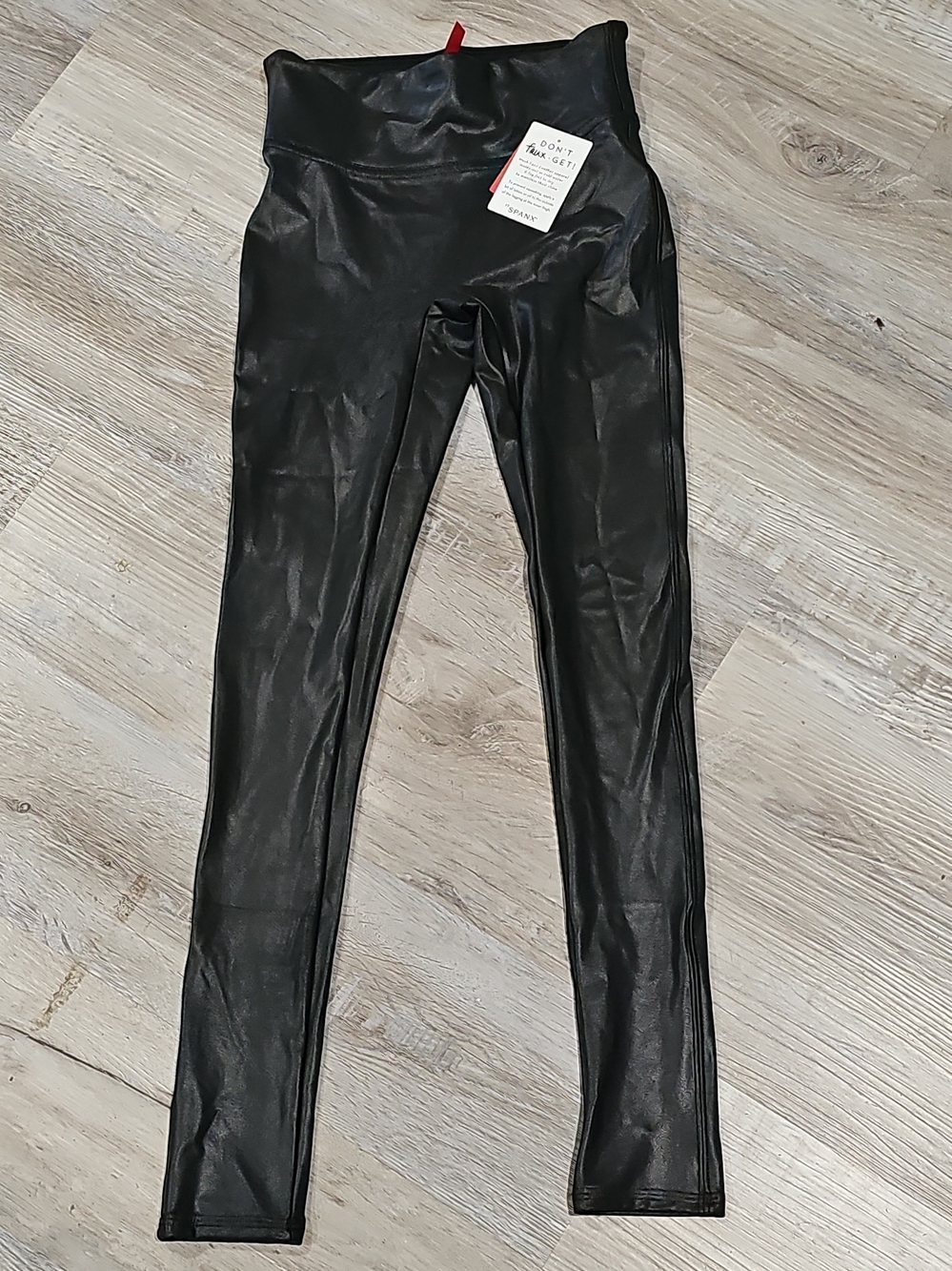 SPANX Black Faux Leather Leggings with Red Accent Tag XS Petite